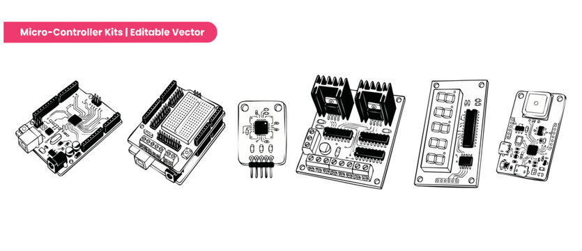 Microcontroller vector circuit board icons of electronic prototype components, DIY hardware development boards like microprocessors, sensors, breadboards, and segment displays for tech projects.