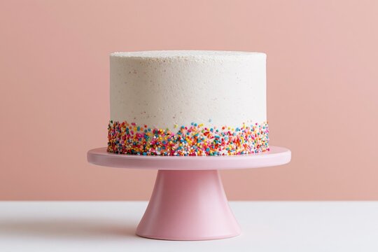 The White Frosted Cake with Colorful Sprinkles on a Pink Stand
