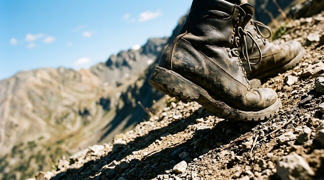 Brown leather hiking boots walking on a rocky mountain path