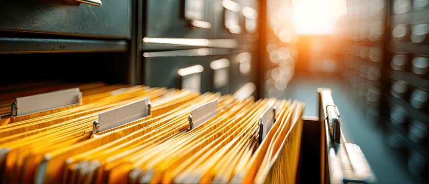 Rows of yellow file folders in a cabinet, with soft light in background