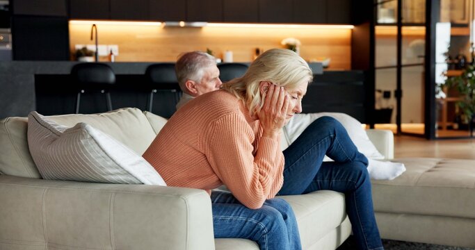 Woman, thinking and senior couple in conflict for infidelity, silent treatment and manipulation. Ignore, pensioner and overthinking affair in home for marriage betrayal, disappointed and gaslighting