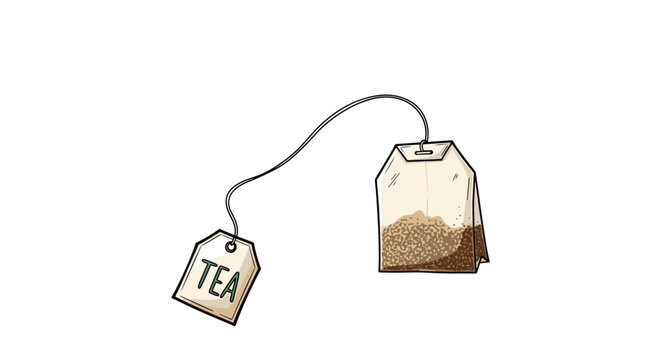 Hand drawn illustration of a single tea bag with a label for hot beverage and relaxation themes.
