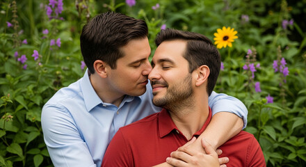 Fototapeta premium Two men in a tender embrace amidst lush green foliage, symbolizing love, connection, and natural beauty, ideal for lifestyle or relationship themes