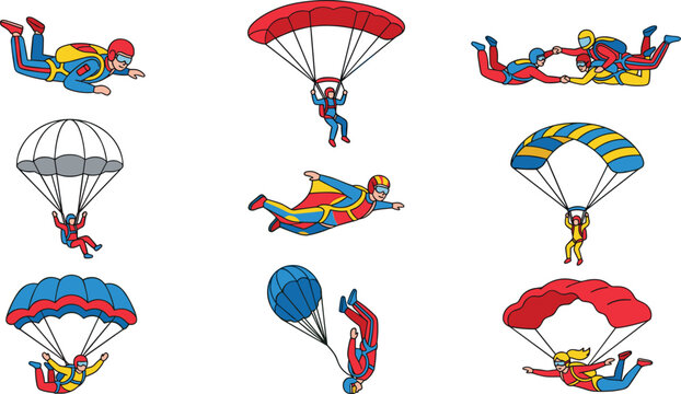 Skydiving and parachuting vector collection set featuring cartoon skydivers freefalling gliding with parachutes and wearing wingsuits isolated on white background