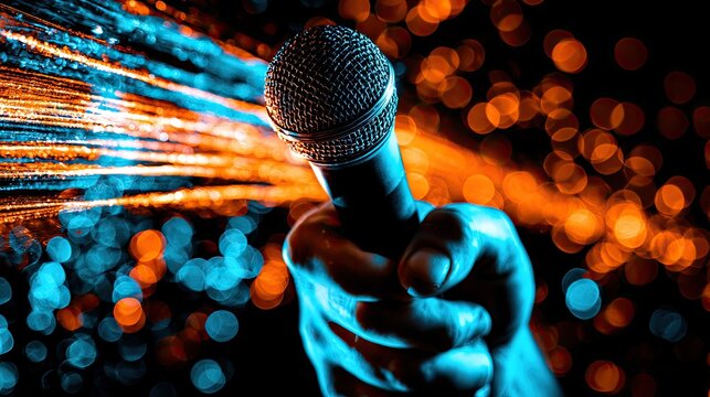 Hand holding a microphone with glowing blue and orange streaks, bokeh background