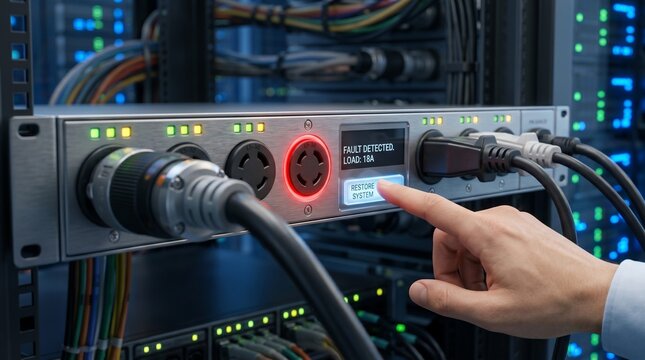Technician pressing restore system button on a server power distribution unit showing a fault detected alert in a high tech data center environment