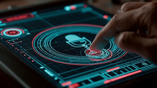 Human finger pressing a glowing digital microphone icon on a sleek tablet screen displaying vibrant neon blue and red graphics