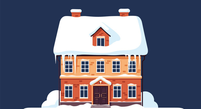 Beautiful red brick house covered in deep white snow with large icicles hanging from the roof at night.
