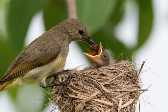 The Nest Feeding Moment Between Parent Bird and Hungry Chick