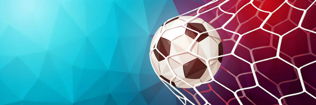 Soccer ball in net with abstract geometric background