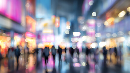 Fototapeta premium blurred busy city street crowd at night with colorful neon lights