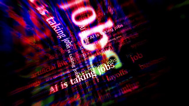 AI is taking jobs headline news titles across media. Abstract concept displays loop. Flight between screens with glitch effect seamless looped 3d.