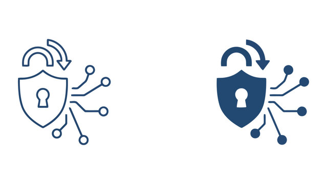 Secure data access and encryption shield vector icon set for cybersecurity and system authentication concepts featuring open lock and circuit board node connections in a professional flat design