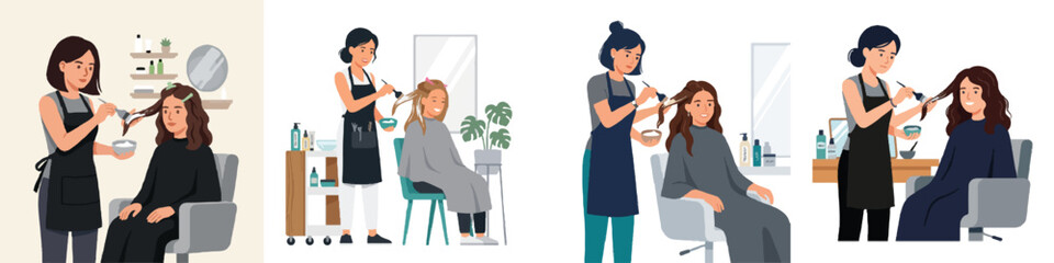 Fototapeta premium A flat design vector of a stylist carefully applying a hair treatment product to a client's hair section by section. Minimalist, no outlines, clear facial expressions, white background