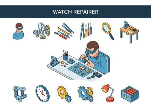 An isometric illustration of a watch repairer at a workbench with various tools gears screws and timepieces