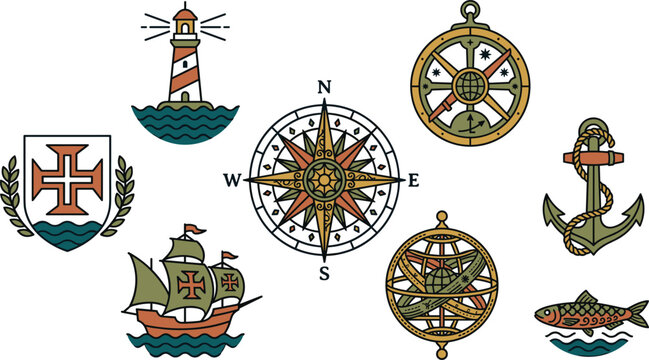 Vintage Nautical Maritime Navigation and Portuguese Exploration Icon Set Featuring Caravel Ship Compass Rose Astrolabe Lighthouse Anchor and Armillary Sphere Vector Elements