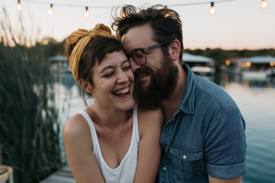 The Couple Laughing by Waterfront Sunset Under String Lights Romantic Evening