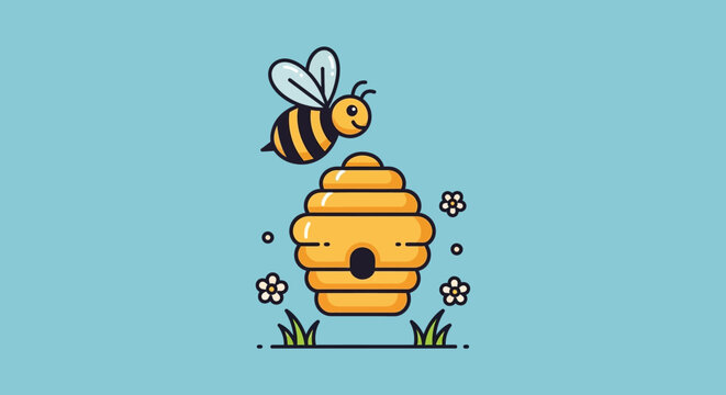 Cute cartoon bee flying above beehive with flowers, flat design, pastel background