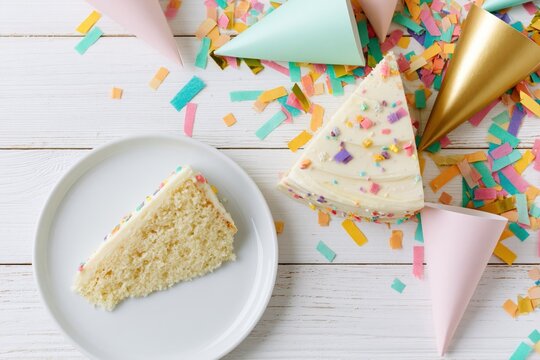 The Cake Slice on a Festive White Table with Colorful Confetti