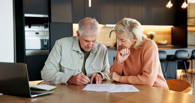 Planning, laptop and application with couple for financial documents, retirement savings or online banking. Tax review, budget and pension funding with mature people in home for future investment