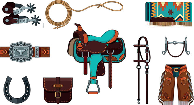 Western Cowboy Tack and Equipment Icon Set Featuring Saddle Lasso Spurs Horseshoe Belt Buckle Chaps Bridle and Southwestern Blanket Vector Illustration
