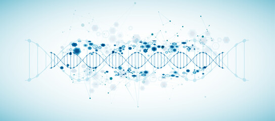 Fototapeta na wymiar Abstract medical background with blue DNA helix structure and technology hexagons. Vector illustration