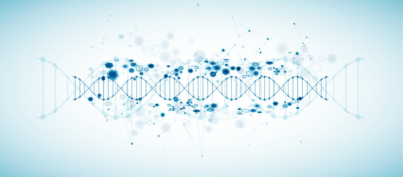 Abstract medical background with blue DNA helix structure and technology hexagons. Vector illustration