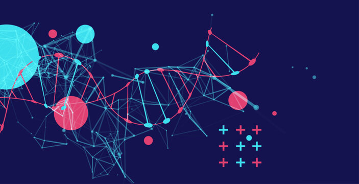 Abstract vector futuristic DNA helix structure with digital plexus network on dark background.