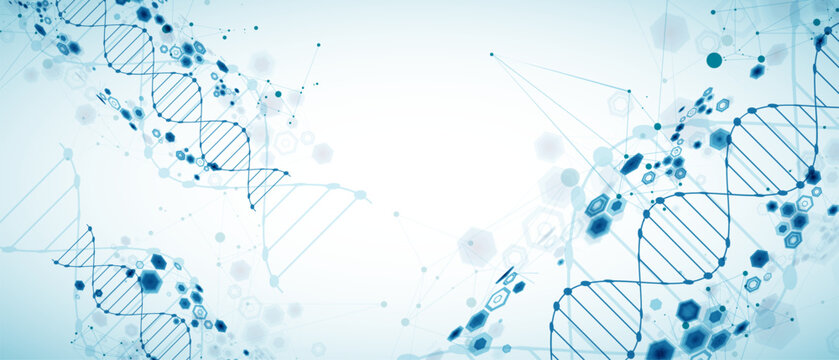 Abstract medical background with blue DNA helix structure and technology hexagons. Vector illustration