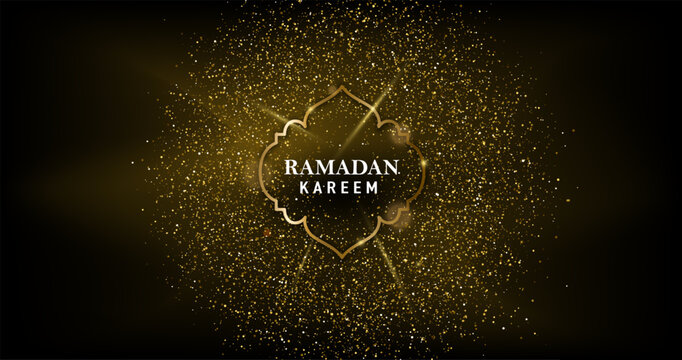 Ramadan kareem gold vector background. Luxury golden greeting card with glittering sparkle dust particles, glowing light rays, elegant islamic frame shape isolated on black background