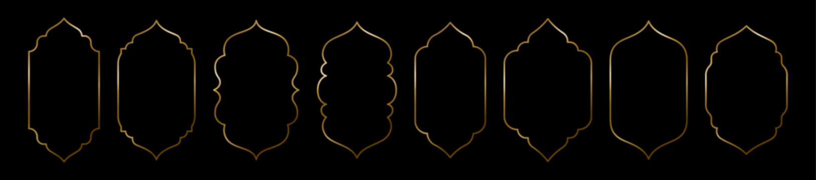 Ramadan gold islamic frame arch vector illustration set. Luxury golden arabic line borders, elegant oriental geometric shapes, traditional arabesque ornaments isolated on black background