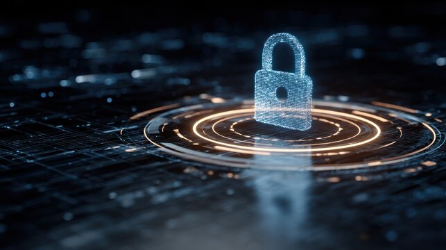 Glowing digital padlock icon hovers above concentric light rings on a dark technological surface.