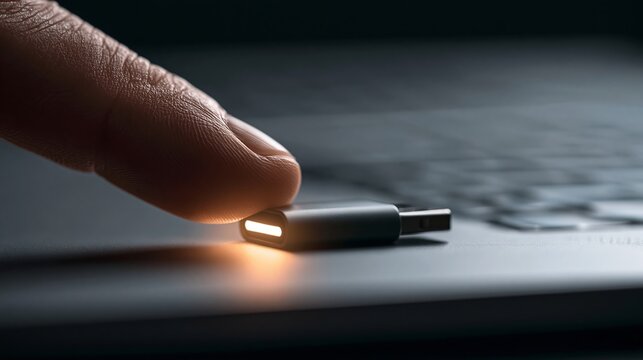 A finger touches a glowing usb adapter resting on a dark laptop surface with soft cinematic lighting and shallow focus
