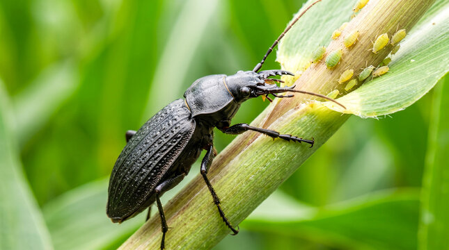 Black ground beetle hunting green aphids on corn stalk in eco farm