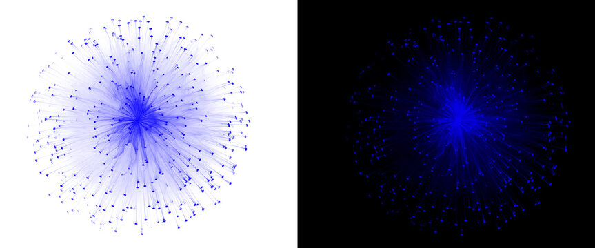 Abstract blue neural network visualization, digital data connection map on white and black backgrounds, complex fiber optic light burst