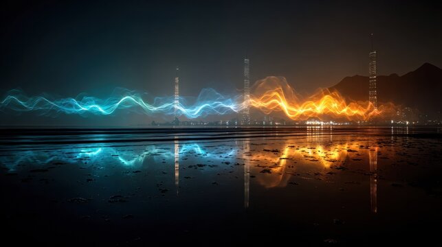 Abstract energy waves radiate across a dark urban waterfront during nighttime hours