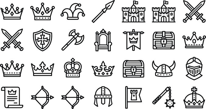 Medieval Kingdom and Royal Castle Icon Set with Crown Sword Shield Helmet Chest Symbols for Gaming Design