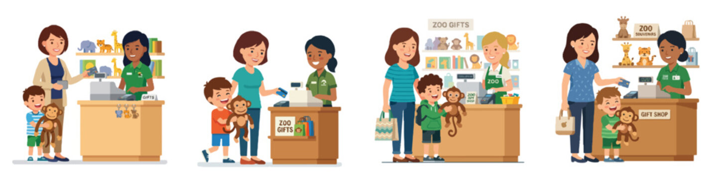 A mother and son buying a plush monkey toy at the zoo gift shop counter, flat design, minimalist, no outlines, clean vector illustration, distinct facial features, solid white background.
