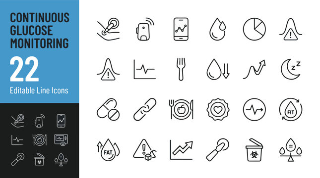 Continuous glucose monitoring line icon set. CGM diabetes blood sugar tracking, insulin sensor, mobile app graph, healthy diet, sleep, medication minimal vector illustration. Simple outline signs. Edi