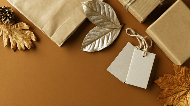Autumn gift wrap with kraft box, paper bag, blank tag, and dried leaf on brown background