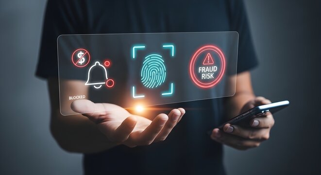 Person using a digital interface to identify biometric fingerprint security and stop potential financial fraud