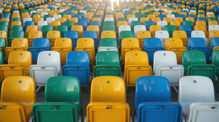 Fototapeta premium Empty stadium seats in rows with blue yellow green and white colors at sports arena.