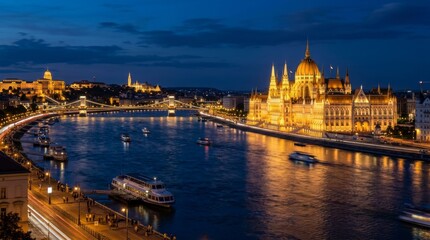 Fototapeta premium Budapest Parliament Building illuminated at night on the Danube River with city lights