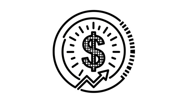Dollar coin with rising arrow graph icon, finance growth concept, hand-drawn style