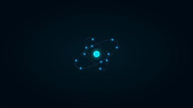 Neon glowing blue digital atom structure spinning in deep dark space high tech science motion graphics background