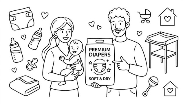 Happy Family with Baby and Premium Diapers Line Art Vector Set Parenting and Childcare Collection