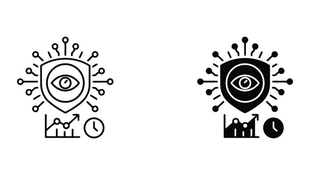 Digital security eye inside protective shield with growth chart and clock icon set in linear and solid styles for cybersecurity monitoring and data protection management analytics concept