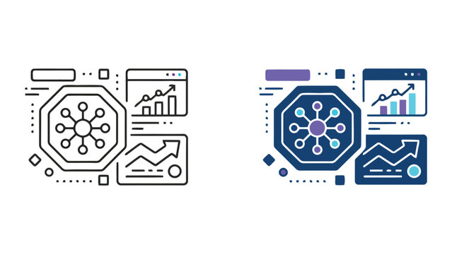 Business data analytics dashboard icon with chart graphs and central network node in dual linear and solid styles for report monitoring and financial technology interface web graphics