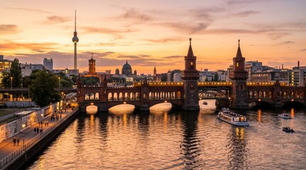 Fototapeta premium Berlin cityscape at sunset with Oberbaum Bridge and TV Tower, Germany