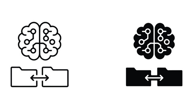 Data folder synchronization and neural brain network icon set representing information exchange and machine learning architecture in black outline and solid vector graphic design styles